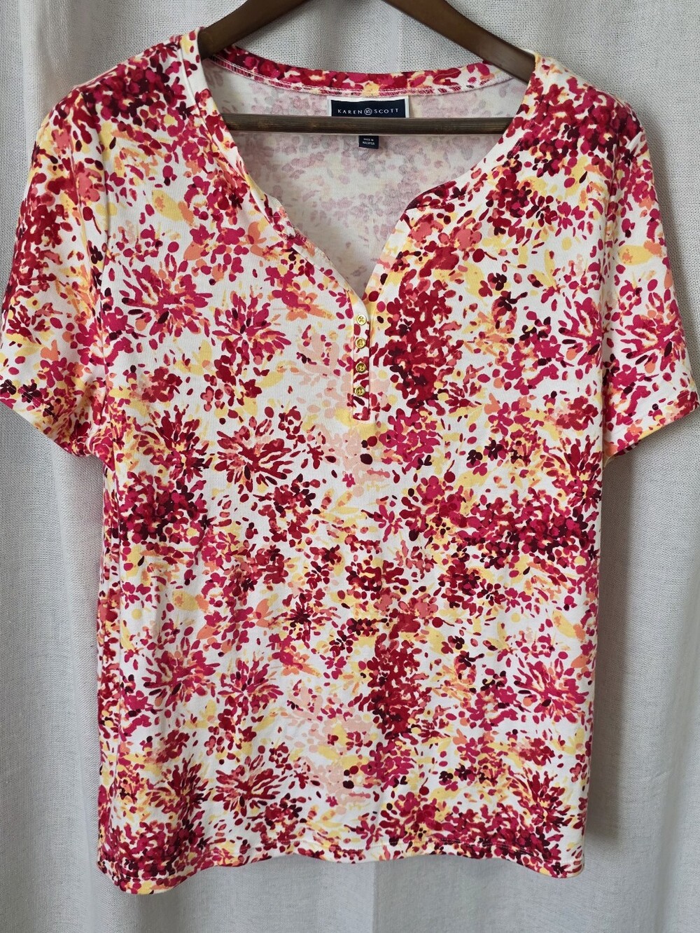 Karen Scott Pink, Red & Yellow Floral Short-Sleeve V-Neck Top